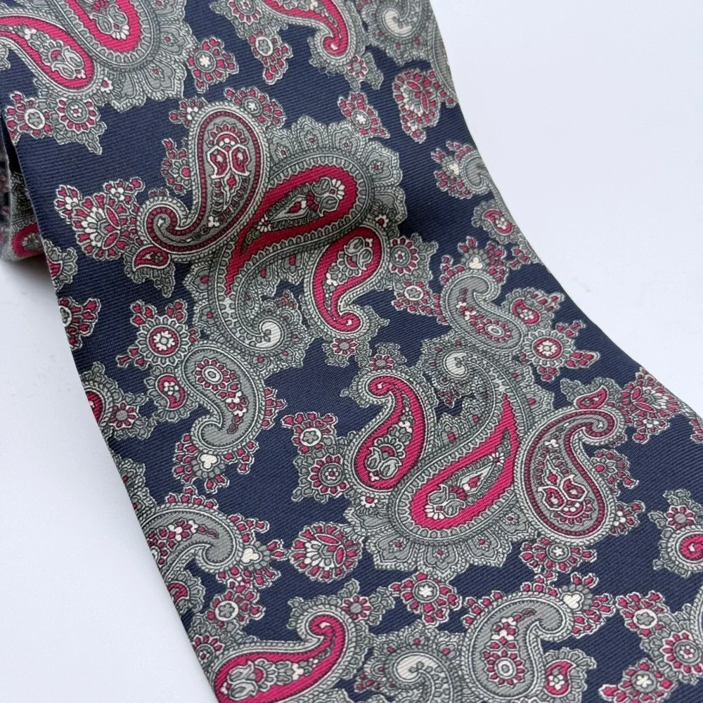 Cromley & Finch London Handmade All Silk Paisley Tie Navy‎ Blue Burgundy 4 Inch